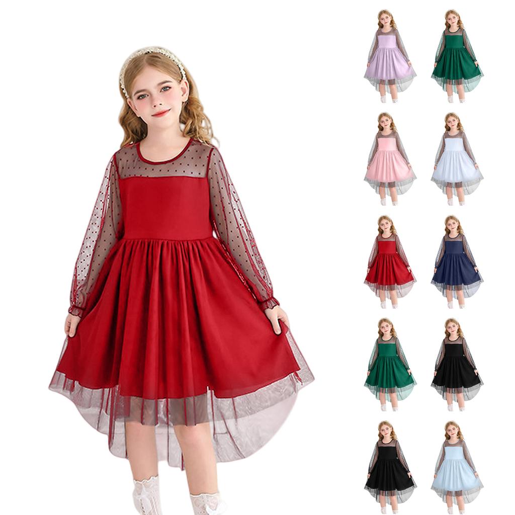 Girls Dresses Contrast Mesh Long Sleeve Twirly High Low Birthday Party Formal Dress