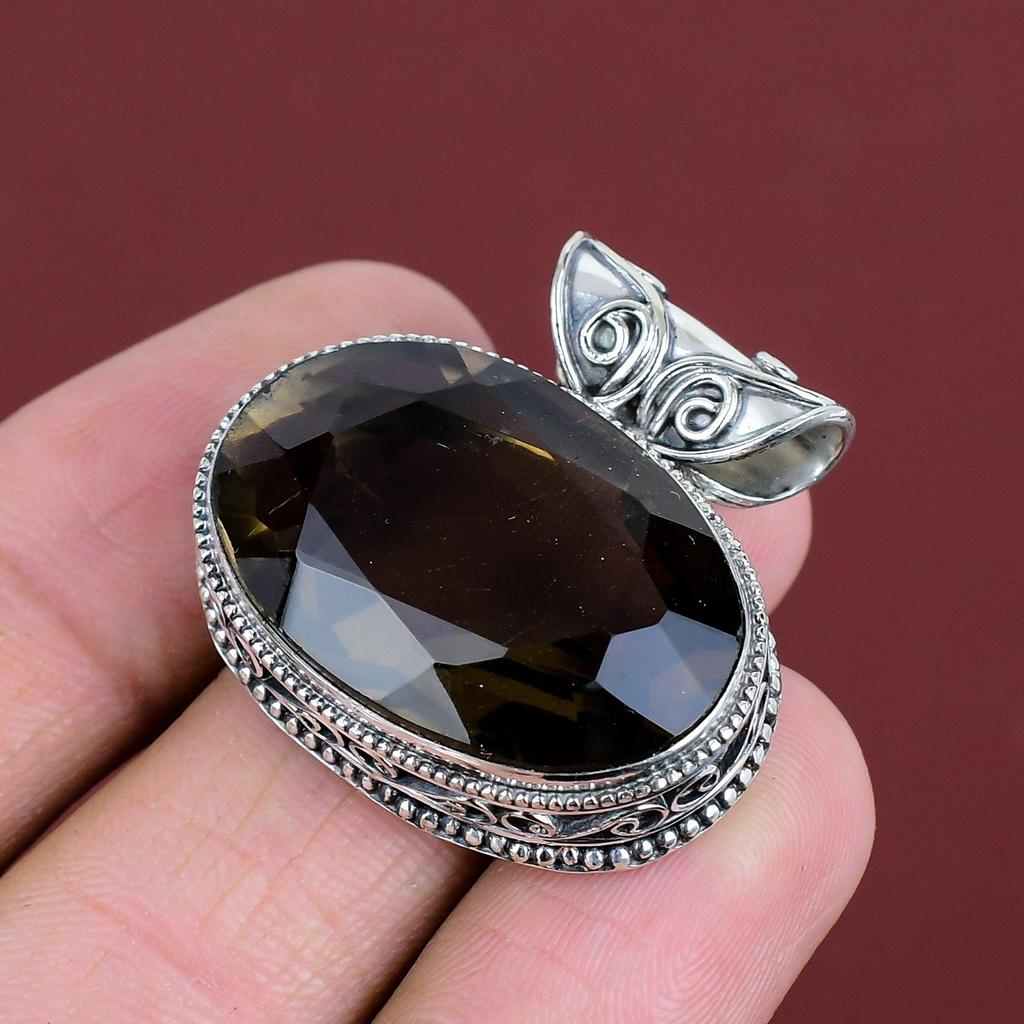 Fasetterat Rökkvartshänge Vintage Ädelstenshänge Statement Smycken 925 Sterlingsilverhänge Handgjort Helt Nytt Hänge Gåvor Till Hennes