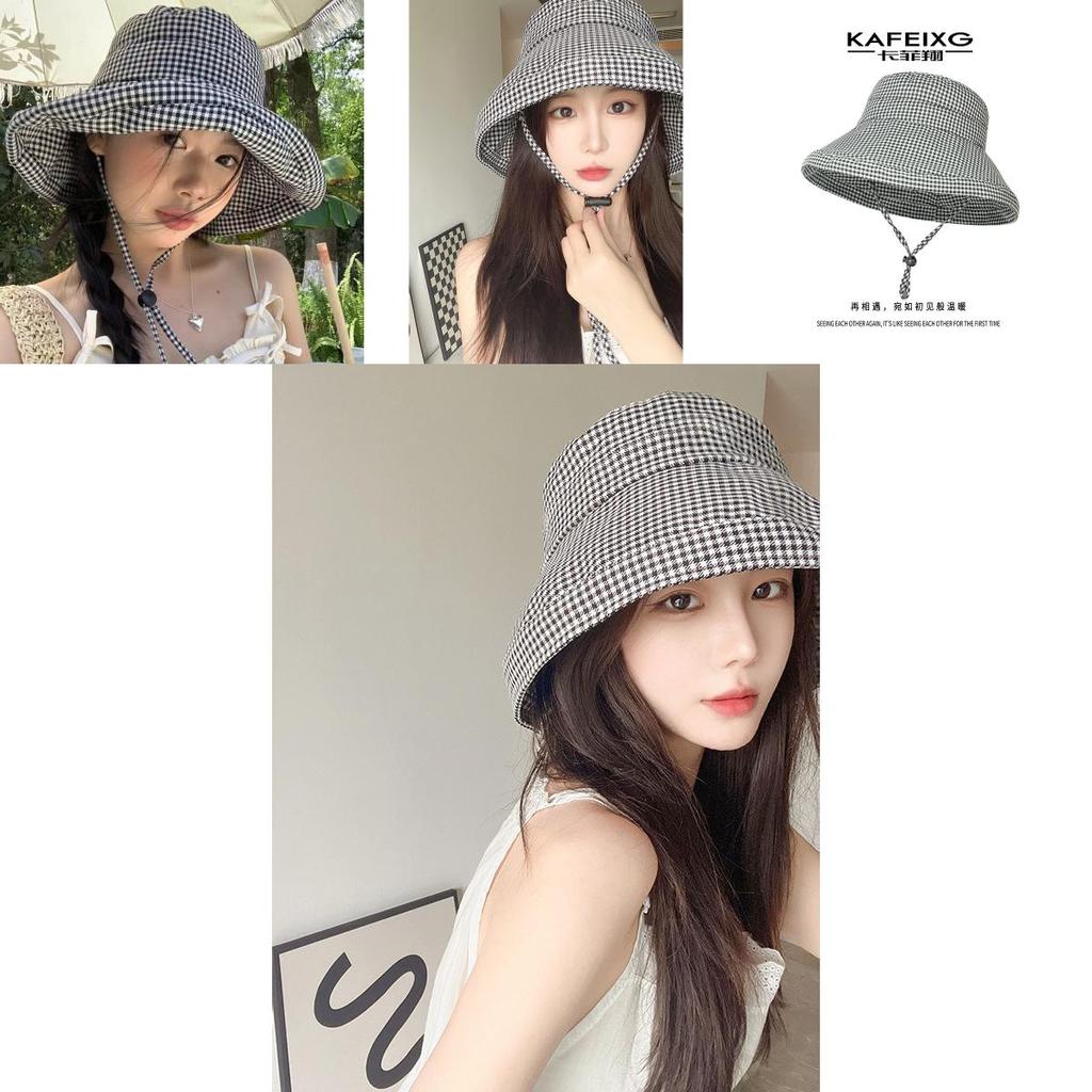 Fashionable Checkered Bucket Hat For Women Adjustable Size Uv Protection Summer Cap
