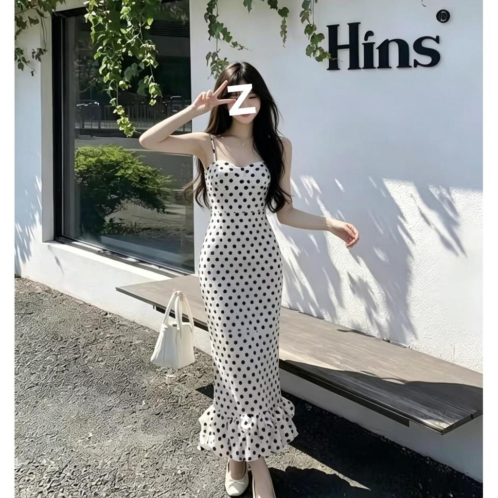 French Polka Dot Suspender Dress Xia Chun Wants the Wind To Close the Waist and Look Thin, Fish Tail Long Dress Temperament Gentle Wind Hip Long Style