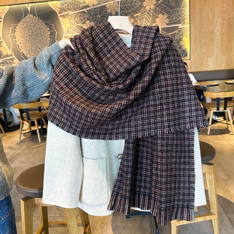 Gentle tie imitation cashmere knitted scarf women's autumn and winter color plaid fringed scarf large shawl