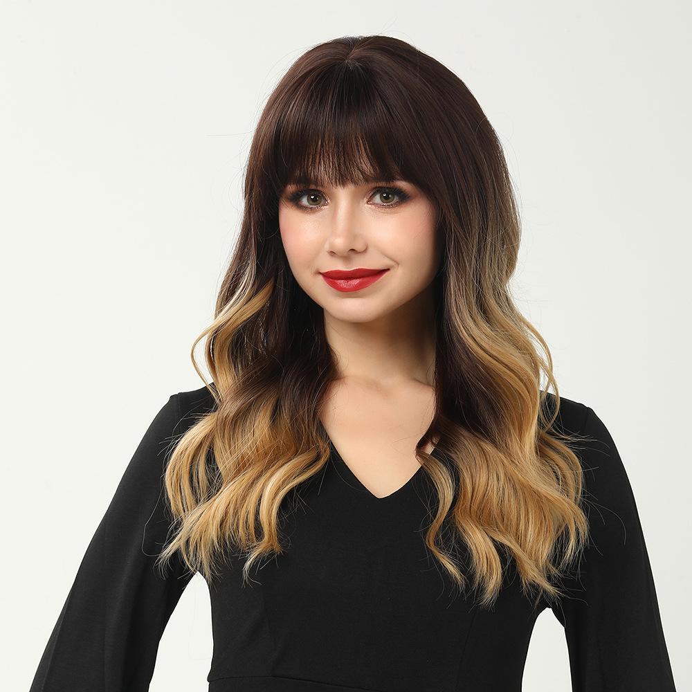 European and American Chemical Fiber Wig Fashion Black Gradient Gold Straight Bangs Long Curly Hair