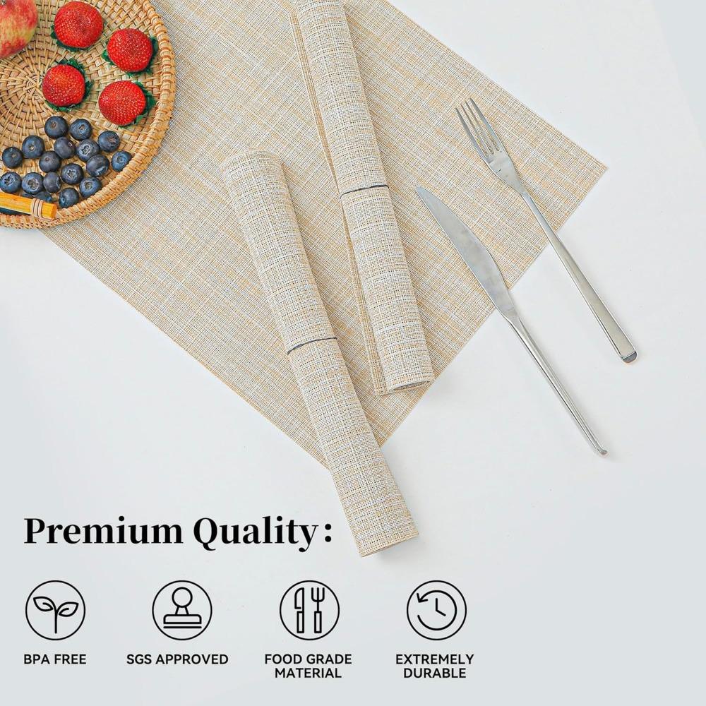 Leetaltree Beige Tischsets Set mit 4 Stück - Hitzebeständige rutschfeste Tischsets für Esstisch, Waschbare langlebige PVC-Vinyl gewebte Tischmatten