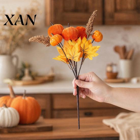 Orange Yellow Maple Leaves Autumn Flower Bouquet, Artificial Fall Floral Picks with Pumpkins Faux Flowers Berries Pine Cones for Thanksgiving Harvest