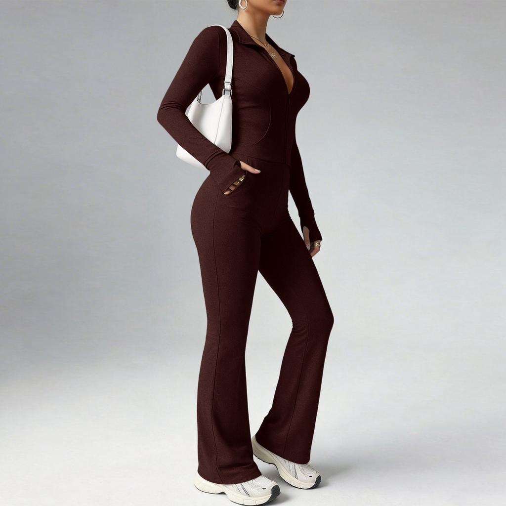Women’s Long Sleeve Zip Up Ribbed Jumpsuit One Piece Flared Pants Fitted Stretchy Collar Bodysuit for Daily Wear