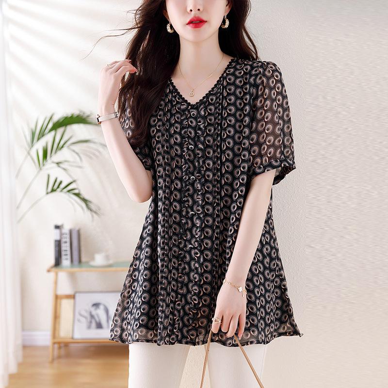 

2026 New Fashionable Plus Size Women s Loose Fit V-Neck Top, Mid-Length, Short Sleeves L чёрный
