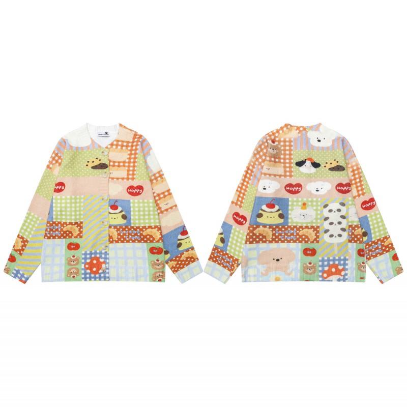American Retro Fun Cartoon Print Knit Cardigan Men Women Couple Casual Loose Fit Top