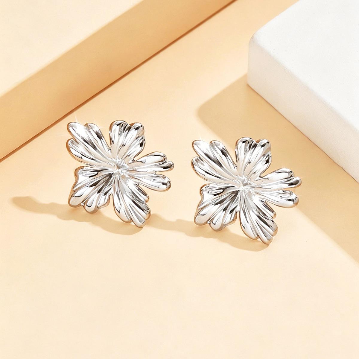 French Romantic 3D Floral Stainless Steel Earrings - Elegant Titanium Flower Studs for Women
