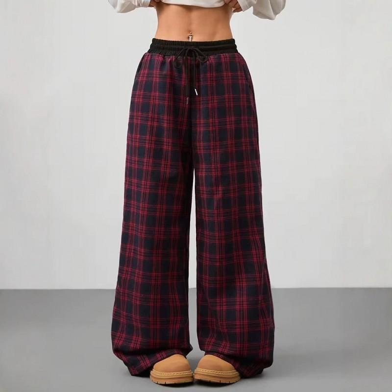 High Waist Loose Wide Leg Casual Pants Women Plaid Drawstring Trousers Daily Wear