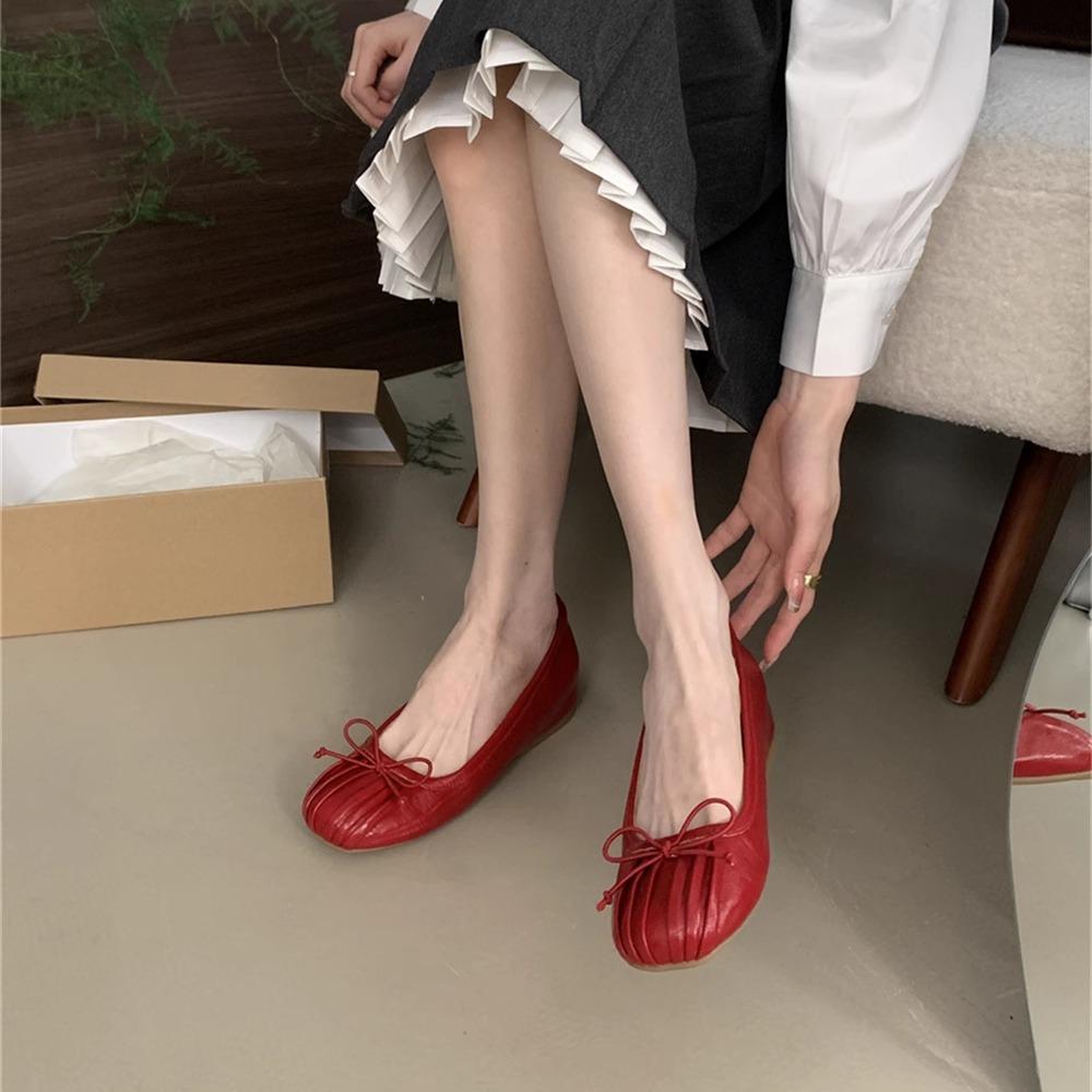 Niche pleated square head shallow mouth bow single shoes women's 2025 autumn new retro inner heightening soft-soled grandma shoes