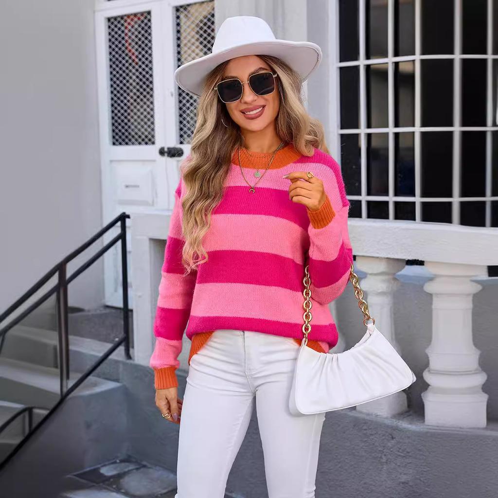 Høst- og vintergenser med striper og lappeteppe til dame i store størrelser