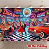 Ein 2D-flacher Hintergrund mit einer Retro-Restaurant-Szene ist sehr gut für eine lebhafte Rockmusik-Feier geeignet.