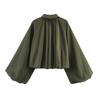 Women's Balloon Sleeve Zip Front Cropped Bomber Jacket with Turn Down Collar and Pleated Hem for Casual and Streetwear