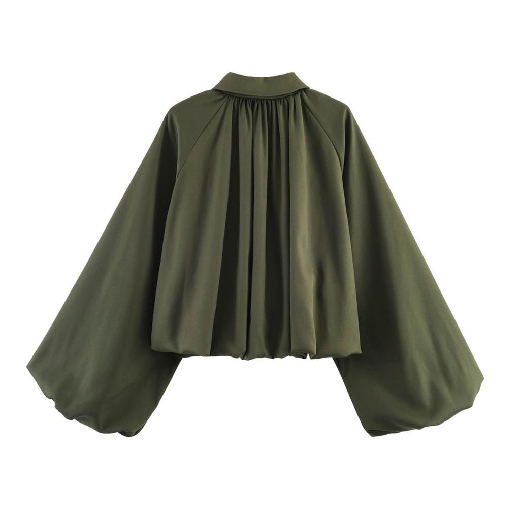 Women's Balloon Sleeve Zip Front Cropped Bomber Jacket with Turn Down Collar and Pleated Hem for Casual and Streetwear