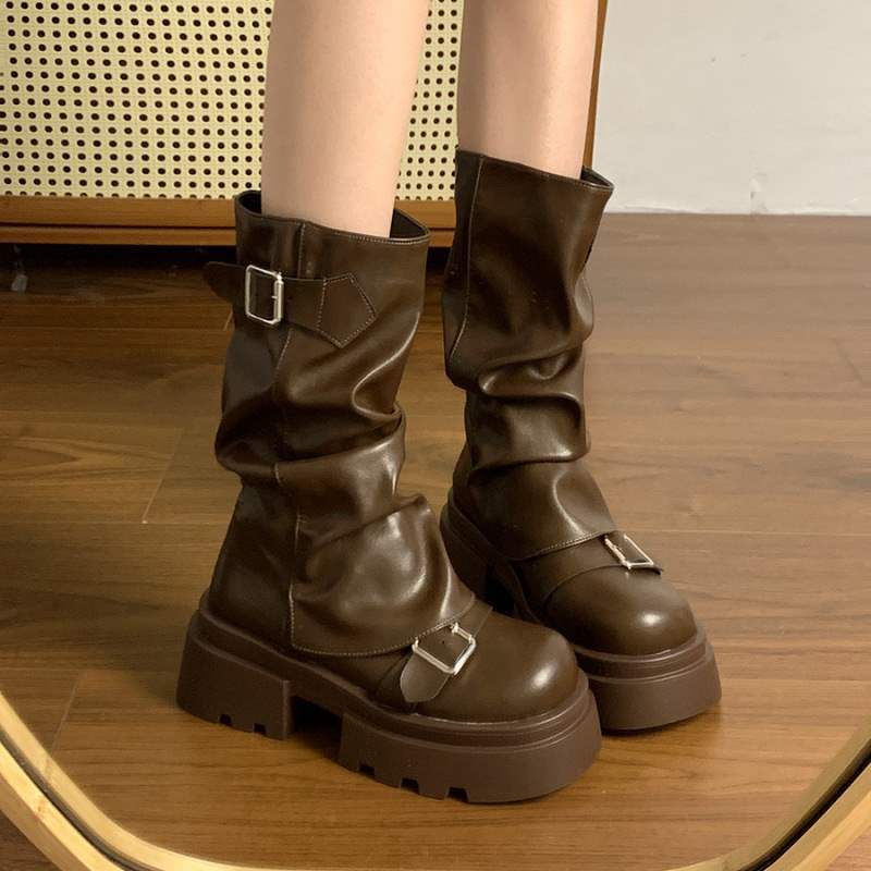 Brown Thick-soled Heightening Martin Boots Spring American Vintage Maillard Mid Boots