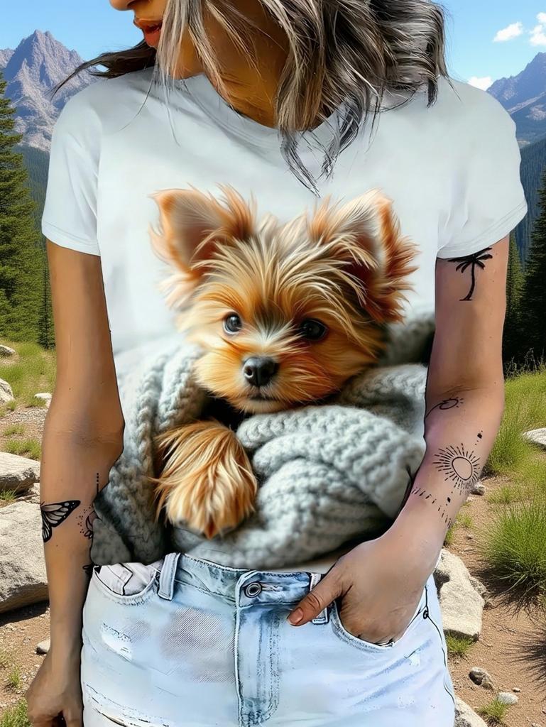 Women's Tops 2026 Trend T Shirt 3D Dog Graphic Printing Summer Breathable Round Neck Short Sleeved Top Fashion Clothes for Woman