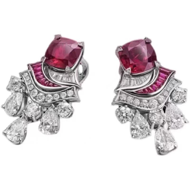 High Jewelry Pigeon Blood Ruby Crown Ring & 18k Gold-Plated Gemstone Stud Earrings - Luxurious Haute Couture