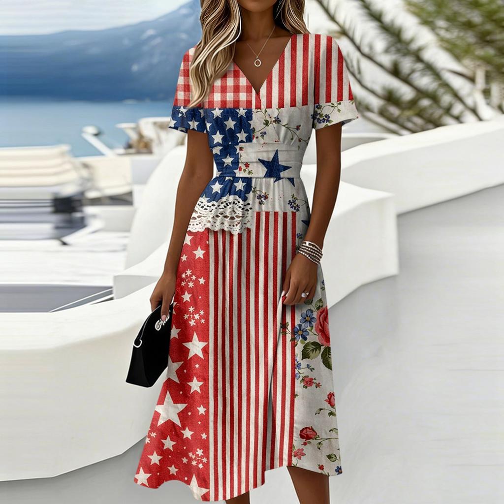 Damen Unabhängigkeitstag Print Lässiges Mode Kurzarm V-Ausschnitt Kleid