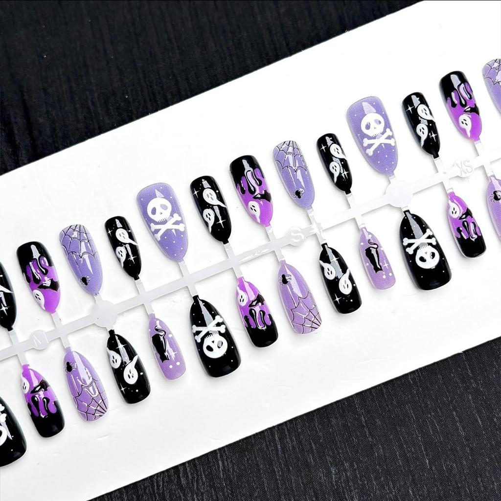 Short Almond Press on Nails Halloween Fake Nails Gothic Bat Acrylic Nail Cute Ghost False Nail with Purple Glitter Design Goth Halloween Nails Press