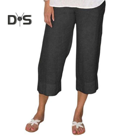 Women Pants Elastic Waist Mid-rise Wide-Leg Casual Pants with Pockets Solid Color Long Trousers Daily Wear
