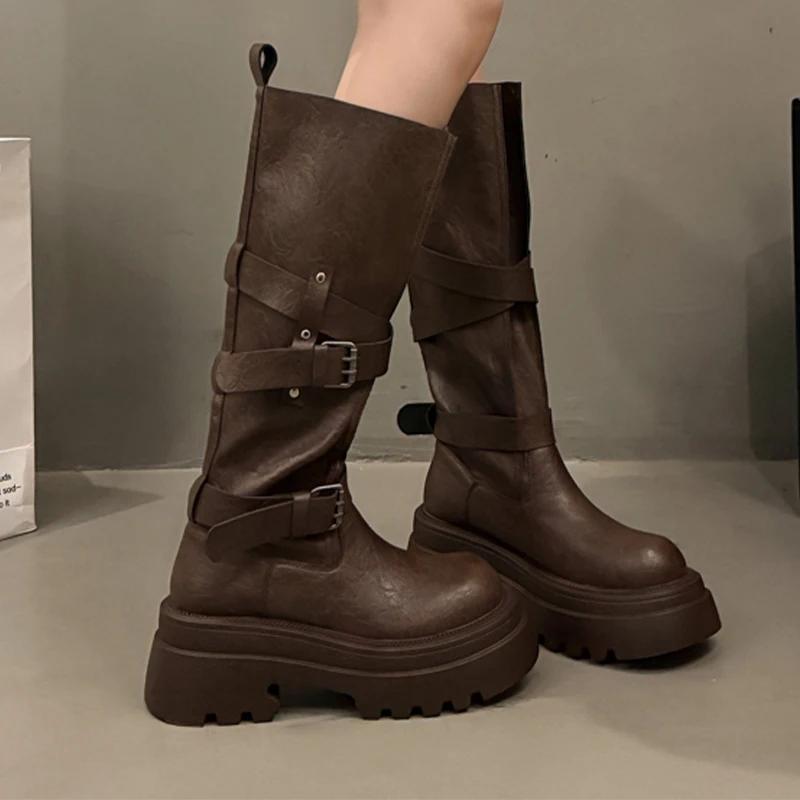 Brand New Women'S Long Boots Knee High Fashion Platform Shoes  Winter Soft Leather Gladiator Motorcycle Boots Mujer