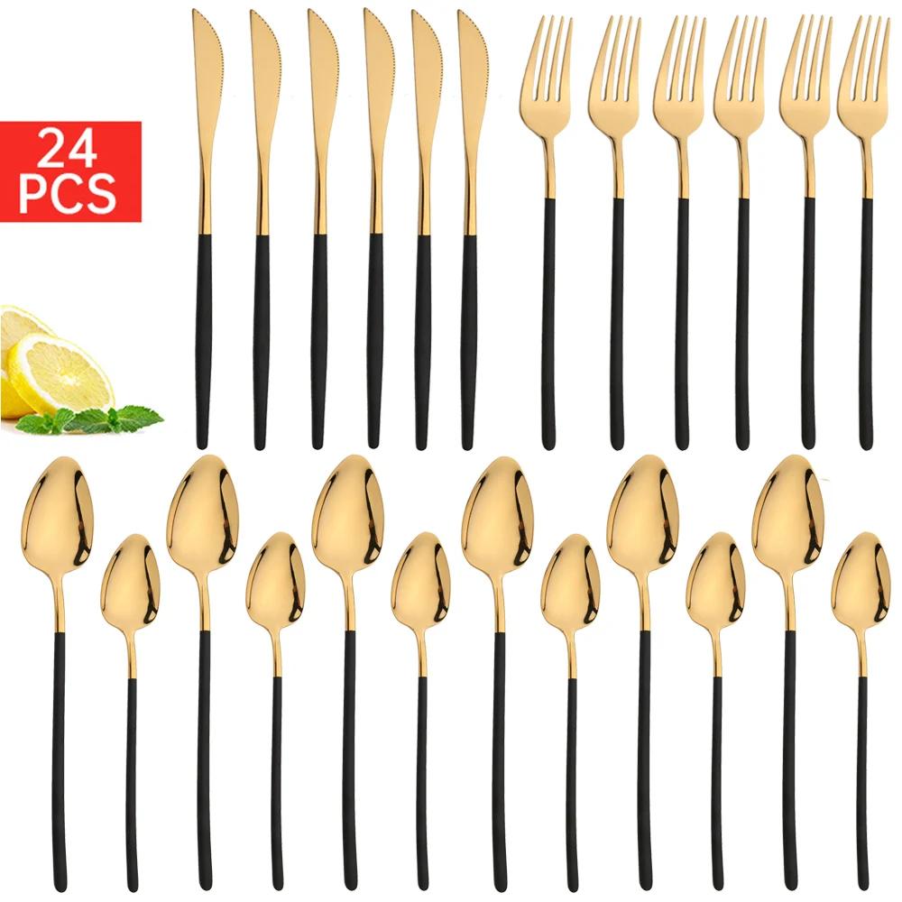 24Pcs Christmas Dinnerware Set Stainless Steel Tableware Knife Fork Dessert Spoon Flatware Black Western Kitchen Cutlery Gift