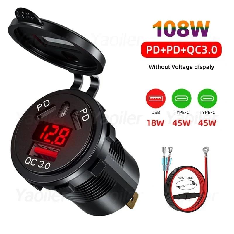 Kewig 108W USB Car Charger Socket Dual PD Type C QC 3.0 with Voltmeter Power Switch Fast Charging for 12-24V Car Boat Motorcycle