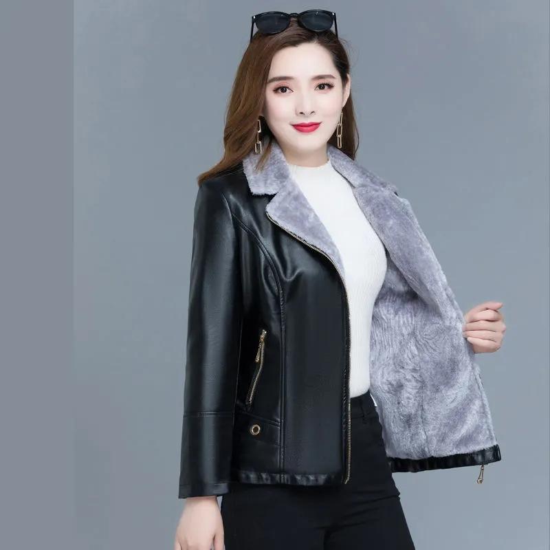 

Autumn Winter Warm Faux Fur Coat Women Leather Jacket Ladies Slim Moto Biker Basic Jackets Plush Casual Short Outerwear XL-6XL XL