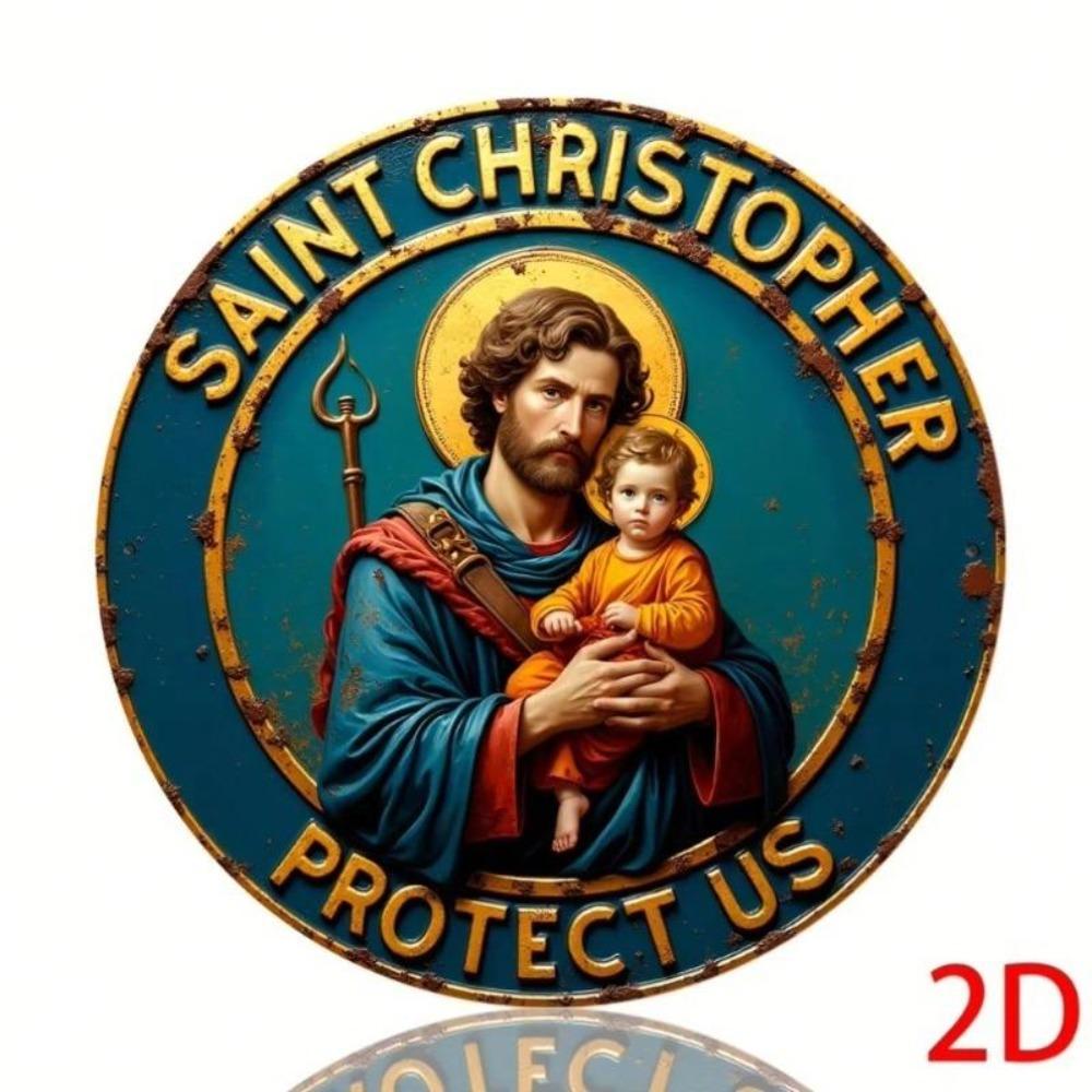 St Christopher Medal Tin Sign Religious Wall Decor Vintage Blue Gold Circular