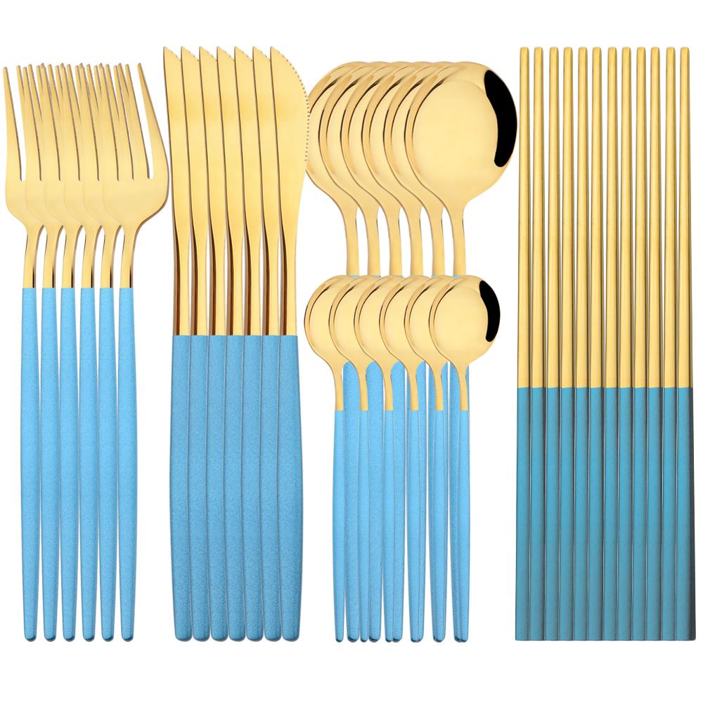 Jankng Western 30Pcs Dinnerware Knife Fork Spoons Chopsticks Cutlery Set High Quality Stainless Steel Set Kitchen Tableware Set