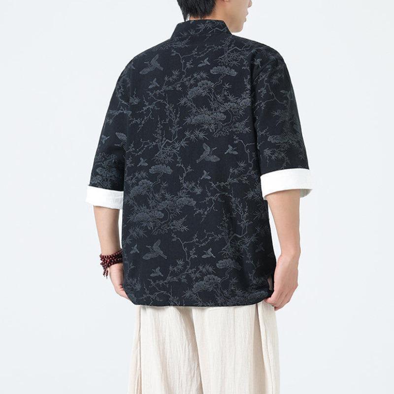 Men's Lightweight Mandarin Collar Printed Shirt Summer Chinese Style Oriental Design Casual Cultural Wear