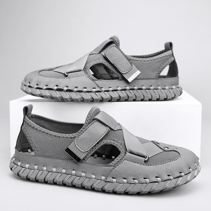 Summer Leather Men's Sandals Handmade Beach Shoes Soft Rubber Mesh Shoes Comfotable Hollow Out Flats Magic Glue Sneakers Sandaly