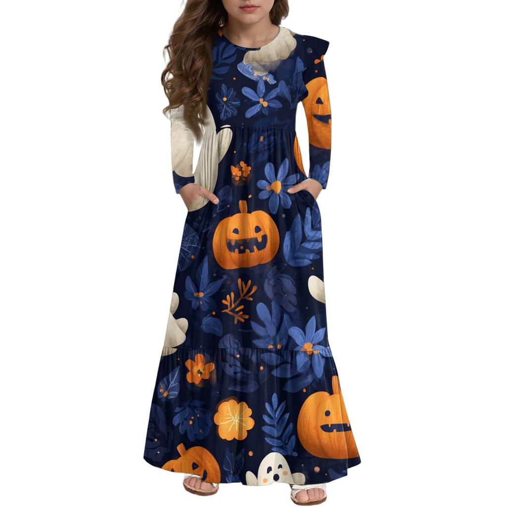 Girls' Tiered Ruffle Dress Halloween Day - Long Sleeve Printed Maxi With Pockets