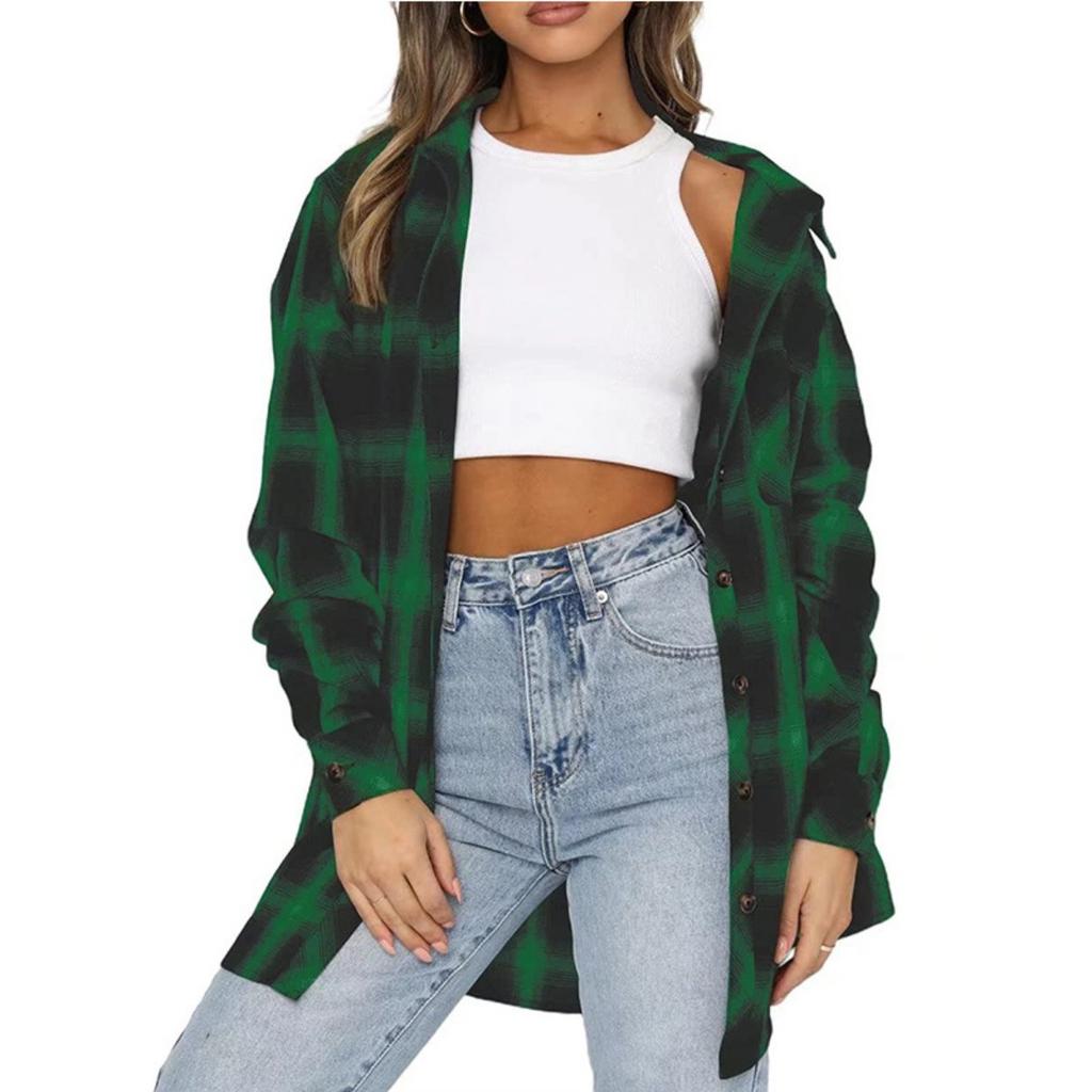 Autumn Winter Women's Plaid Shirt, Lapel Long Sleeve Loose Casual Blouse, European American Style Fashion Top