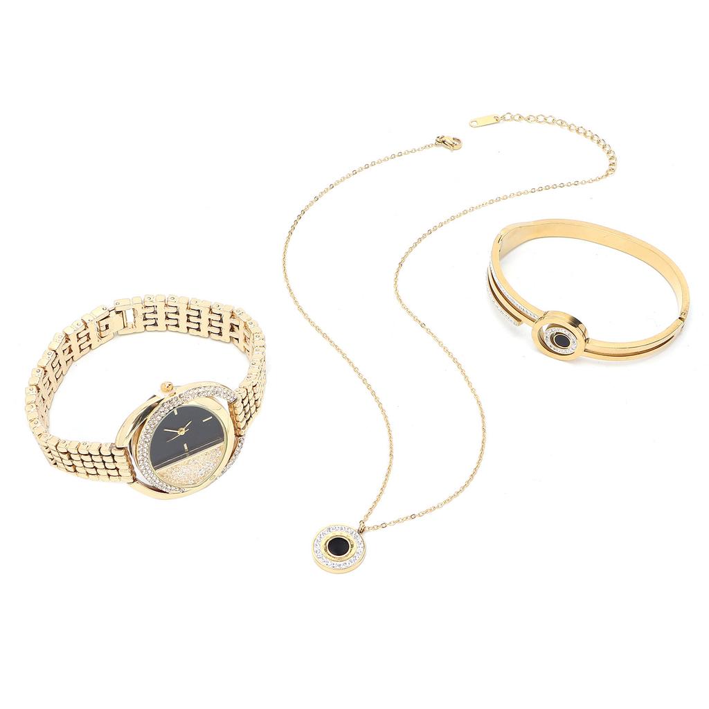 Business Style Women Watch Bracelet Necklace Set Anniversary Birthday Gift Jewelry Set Gold