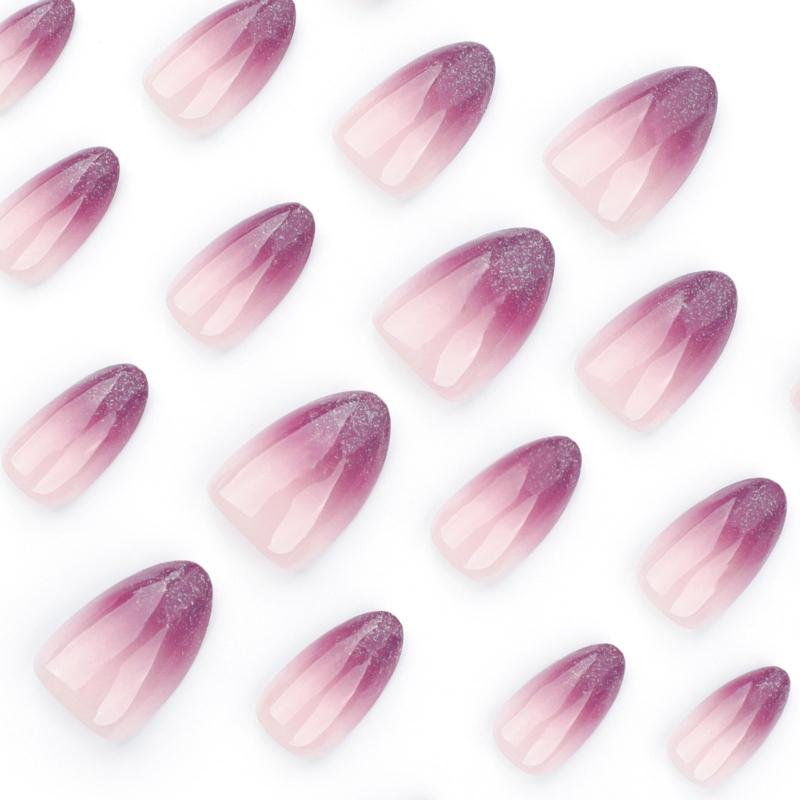 24 Pezzi Unghie Finte Press On French Tip Corte Gradiente Viola Scintillante Forma Mandorla Unghie Finte da Incollare sulle Unghie per Donne Regalo