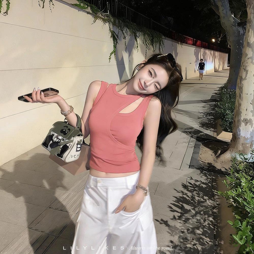 #Summer New Spice Girl Wind Diagonal Shoulder Strap Irregular Vest Women Slim Short Fixed with Chest Pad Top
