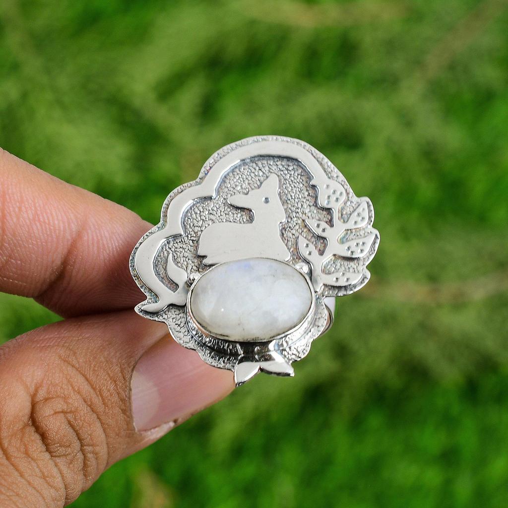 925 Silver Natural Rainbow Moonstone Solitaire Elegant Daughter New Ring Jewelry