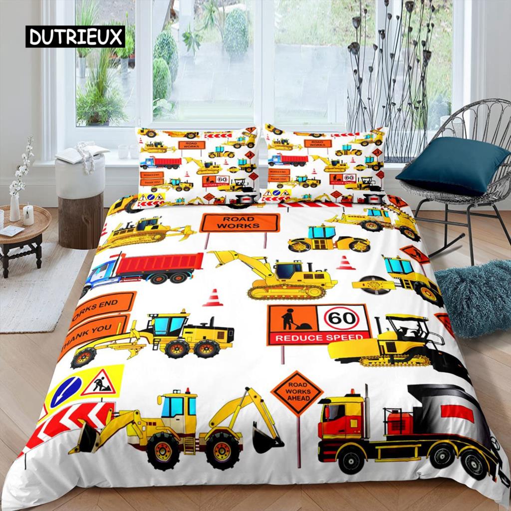 Excavator Duvet Cover Set Microfiber Tractor Truck Comforter Cover Twin Construction Vehicle Cartoon Bedding Set for Boys Teens