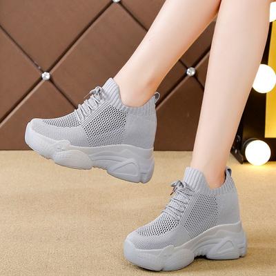 Women's Thick Sole Sneakers Breathable Mesh Lace-Up Casual Women's Shoes Spring Summer Thick Sole Heightening Black Sneakers