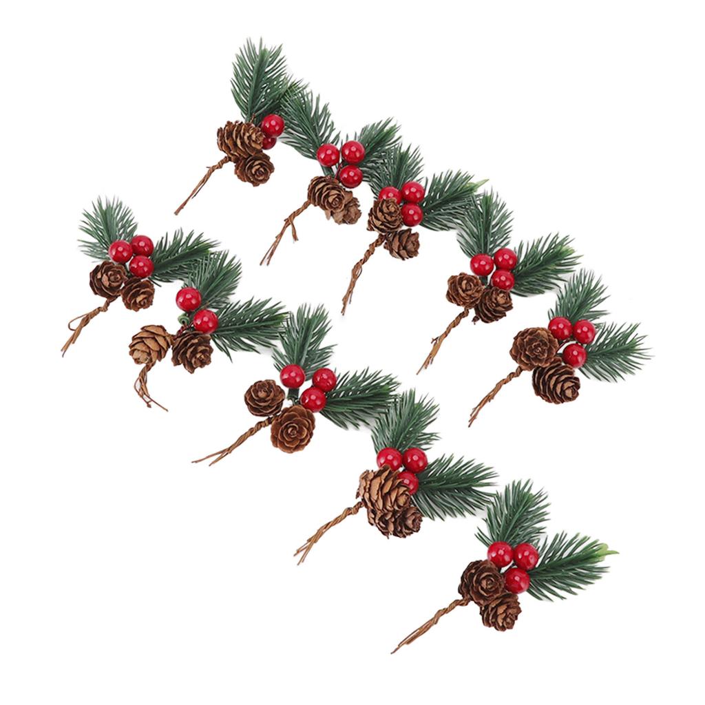 10Pcs Christmas Picks Pinecone Red Berry Pin Needle Artificial Delicate Christmas Decorations