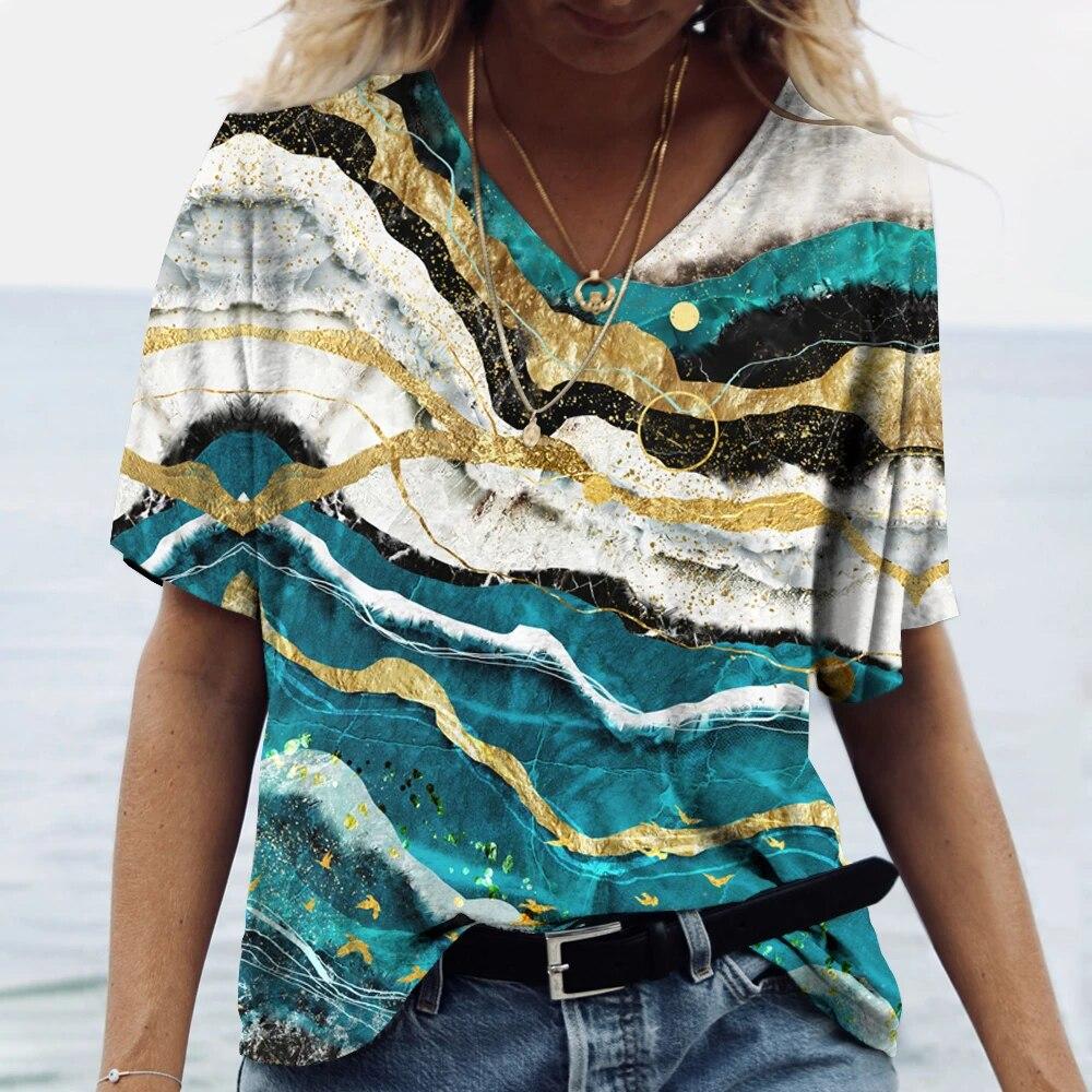 Summer Fashion Textured 3D Print T-shirts Women Casual Streetwear Short Sleeve V-Neck T Shirt Harajuku Tees Tops Clothing