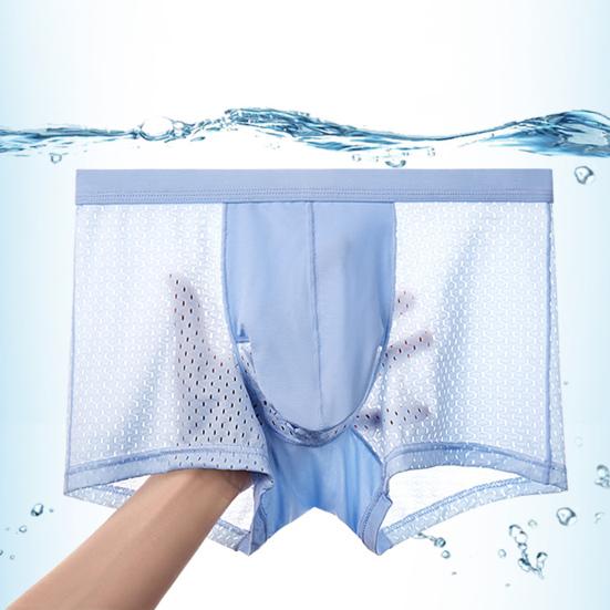 Men Boxers Elephant Nose Thin Seamless Ice Silk Hollow Mesh Mid Waist Mesh High Elasticity Solid Color