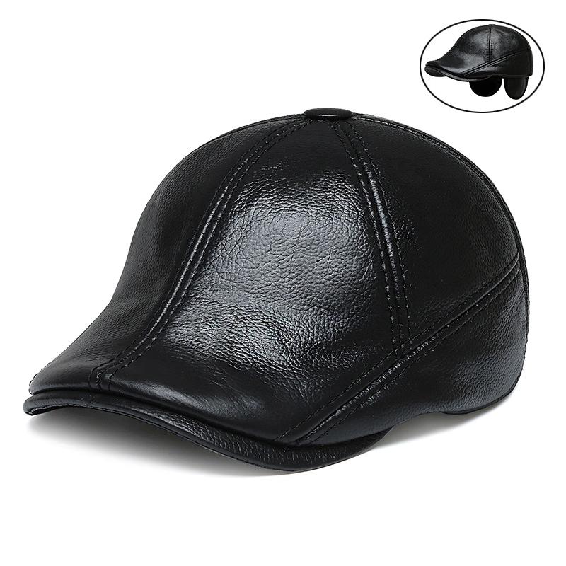 ZHENYUEQI Men s First-layer Cowhide Fleece-lined Newsboy Cap