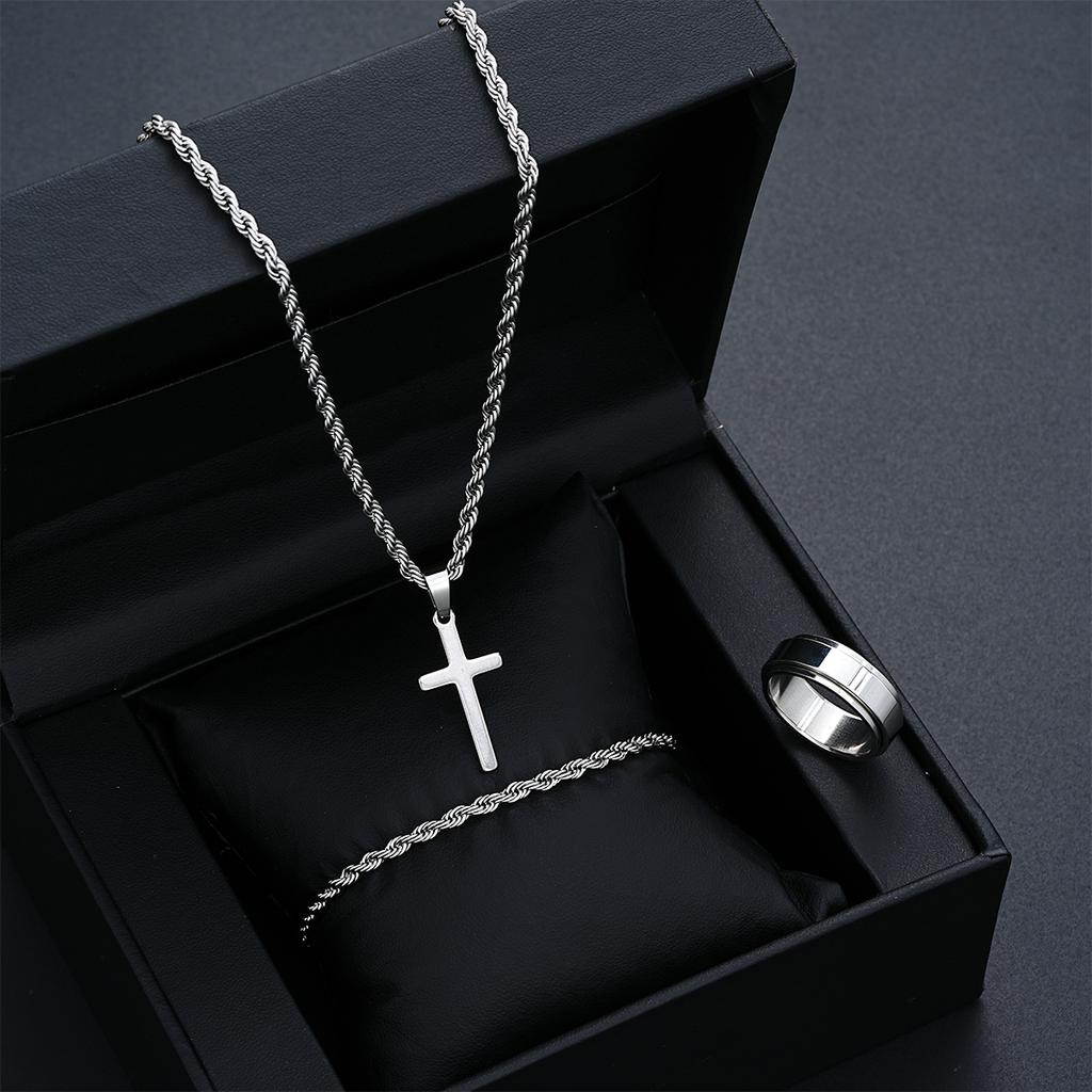 Stainless Steel Simple Jewelry Set For Men Women Fashion Silver Color Cross Pendant Twisted Rope Necklace Bracelets Ring Gifts