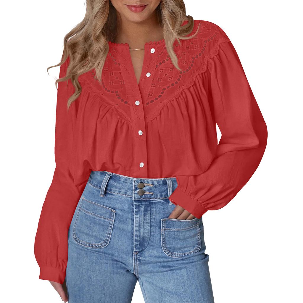 Women's Fashion Loose Lace-Up Openwork Blouse With Round Neck And Long Sleeves