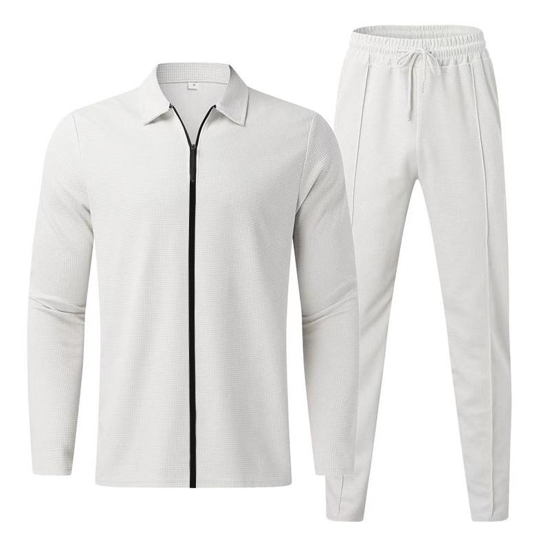 Autumn 2025 Men's Waffle Knit Long Sleeve Zip Cardigan & Turn-Down Collar Casual Sports Set