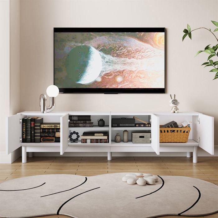 Meuble TV Blanc Moderne 169x35x45,5 cm Meuble TV Bas avec 4 Portes sans Poignée, Rangement et Pieds en Bois Massif - Design Ondulé