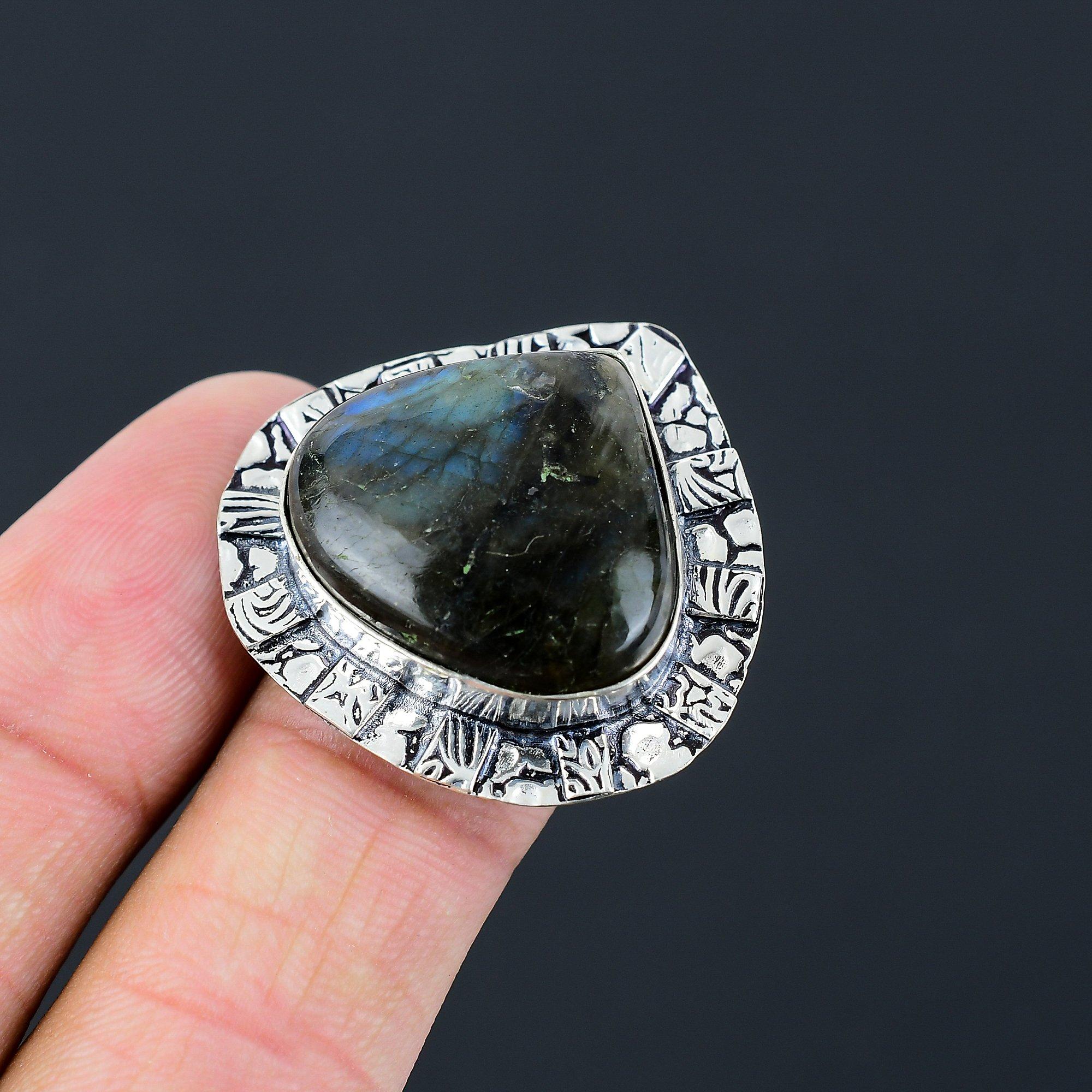 

925 Sterling Silver Labradorite Gemstone Elegant Statement Ring Jewelry Size 7 7