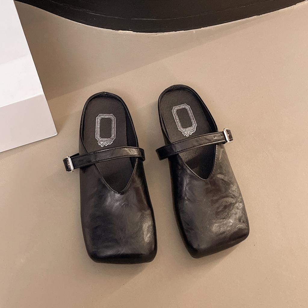 2025 spring new fashion Korean version of simple belt buckle square head bag head half drag without heel lazy slippers women